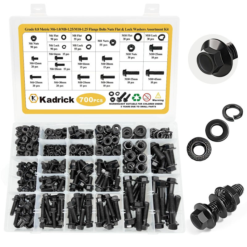 Kadrick Metric Flange Bolt Assortment Kit,700Pcs M6 M8 M10 Bolt Kit,M6-1.0 M8-1.25 M10-1.25 (12mm to 45mm) Hex Bolts Nuts and Washers Kit,Black Zinc Plated - Image 1